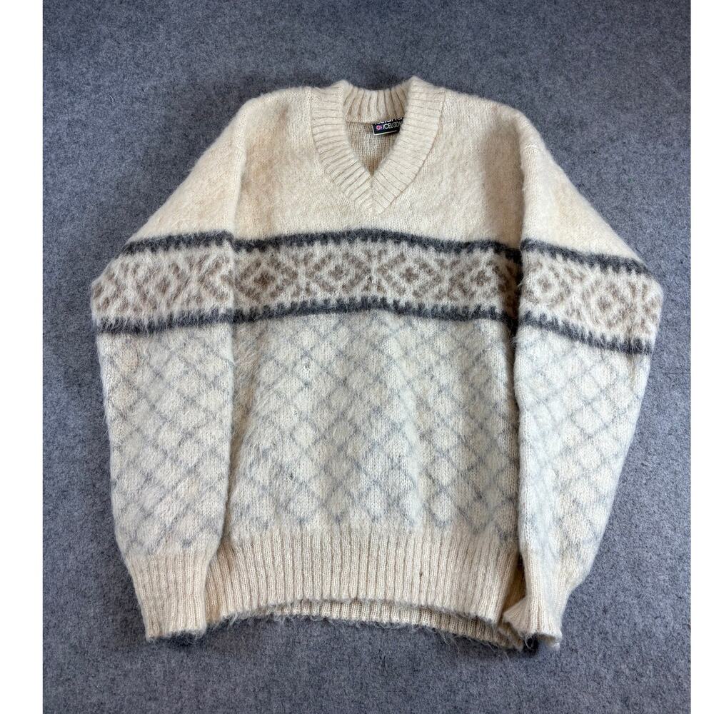 Vintage 90s Iceland Icelook Lopapeysa Sweater Mens Large Cream Gray V Neck Wool